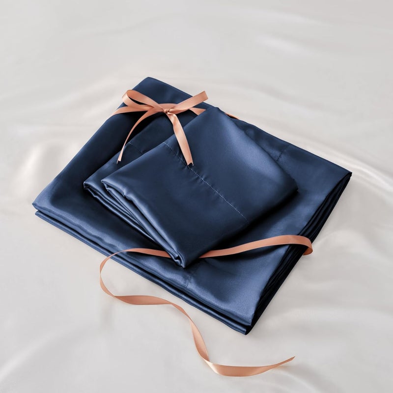 BEDELITE Satin Sheets Twin Size Bed Set, Luxury Soft Navy Silky Sheets for Hair and Skin, Similar to Silk Bed Sheets Set 3 Pieces with 1 Deep Pocket Fitted Sheet, 1 Flat Sheet, and 1 Pillowcase