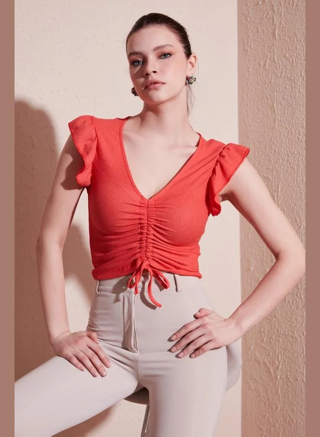 Lela Lela Gathered Detail Sleeves Ruffled Slim Fit Crop Blouse Women's BLOUSE 5865015