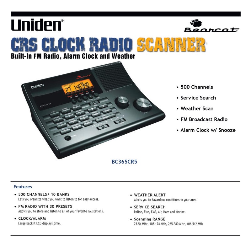 Uniden BC365CRS 500 Channel Scanner and Alarm Clock, Snooze, FM Radio, Weather Alerts, Search Bands used for Aviation, Railroad, Marine, Non-Digital Police/Fire/Public Safety transmissions and more - Image 3