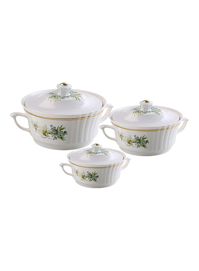 NAYASA 1L, 1.5L, and 2.0L 3-Piece Hotpot Insulated Hot Pot Set White Floral Pattern Thermal Casserole Food Warmer Serving Dish for Dining Table and Catering