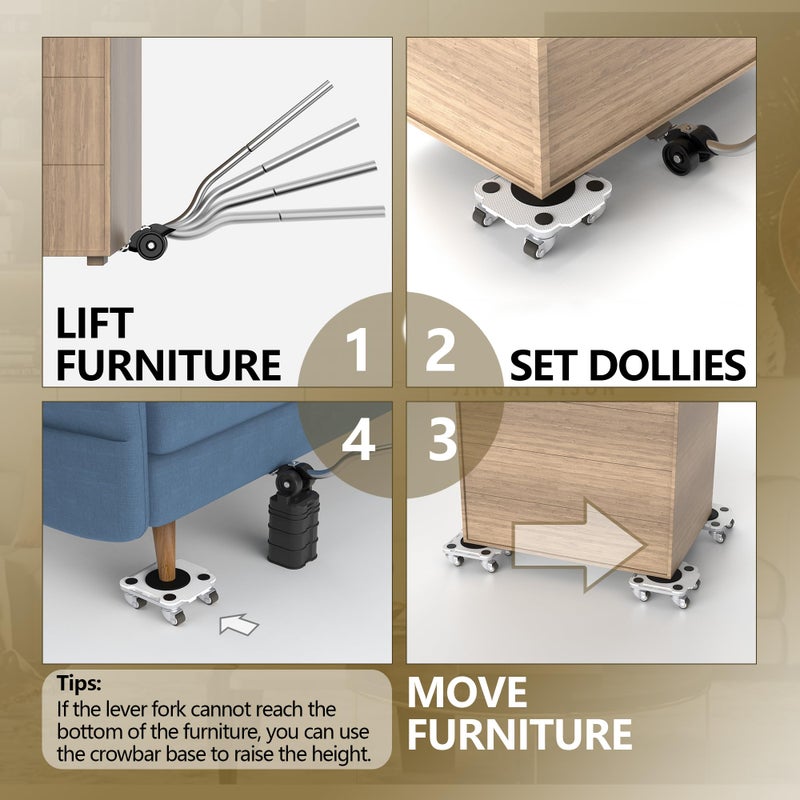 Oneon Furniture Mover Pro Set - Enhanced Dolly And Lifter With Custom Tpe Wheels For Easy Furniture Lifting And Moving-Professional Tool For Effortless Furniture Transport(Light Gray 4Dollies+1Lifter) - Image 5