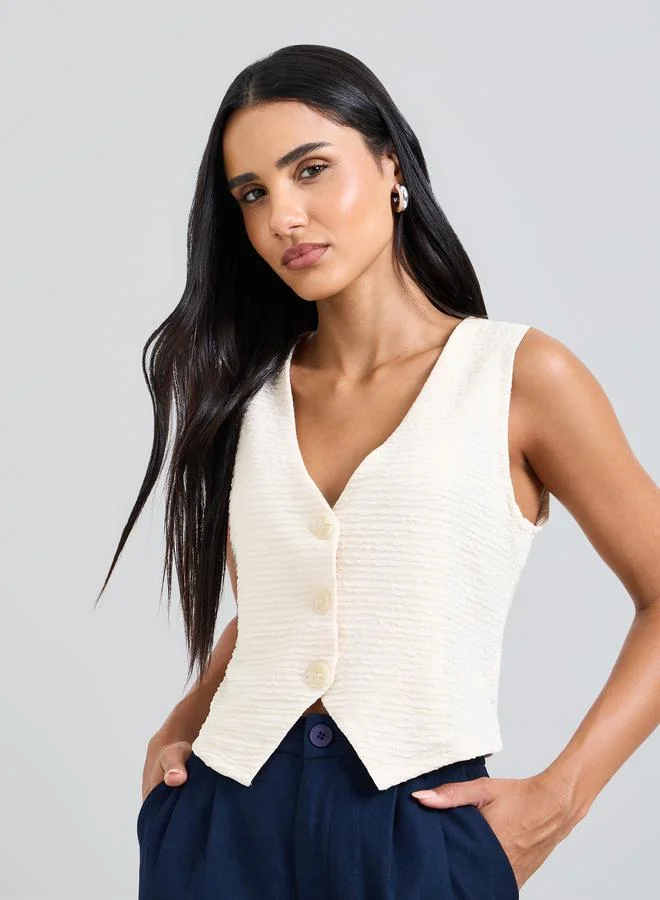 تايك تو Off White Textured Waistcoat