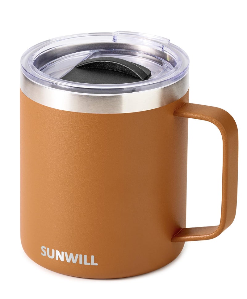 SUNWILL Insulated Coffee Mug with Lid Travel Tumbler with Handle 14 oz Stainless Steel Cup for Camping Office Home Powder Coated Caramel