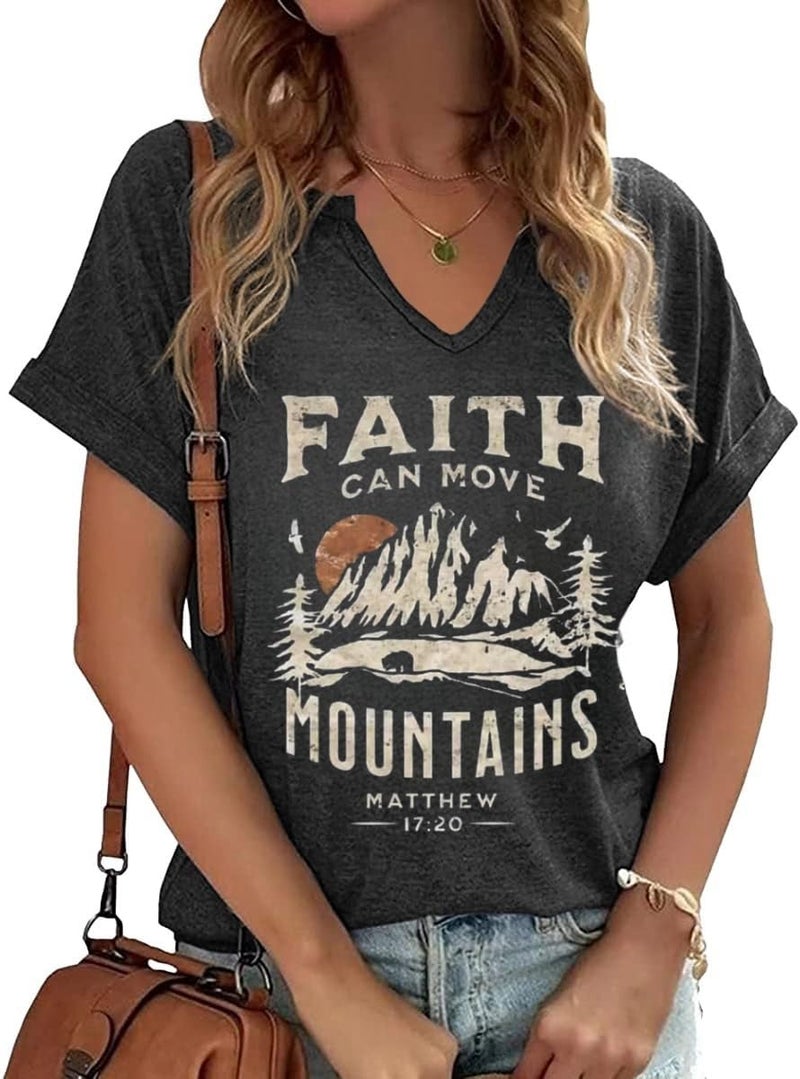 Women V Neck Christian Shirts Vintage Bible Verse Boho Floral Graphic Tees Christian Gifts for Her(XL,Dark grey5)