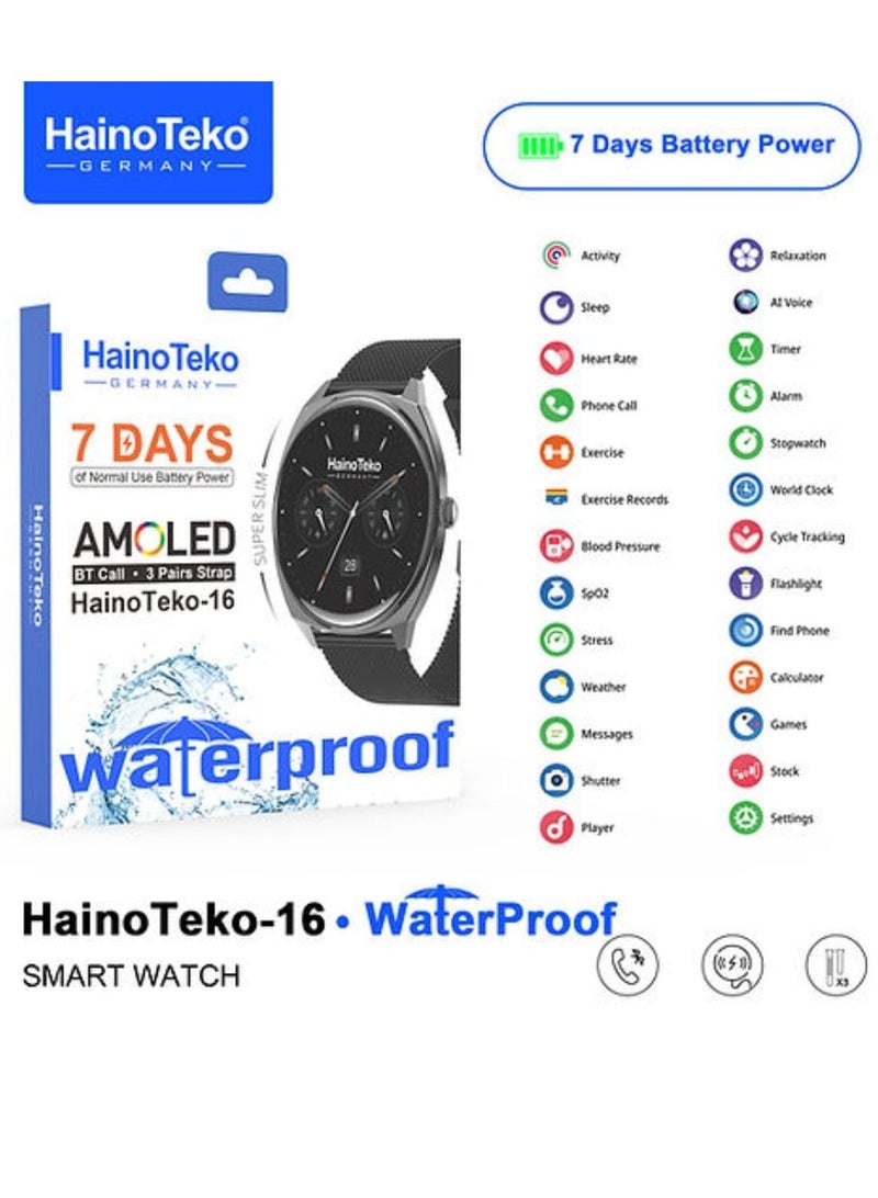 Haino Teko Haino-Teko16 Ultra-Slim Waterproof Smartwatch with Full AMOLED Display 3 Straps Wireless Charging and Up to 7 Days of Battery Life in Normal Use Black - Image 3