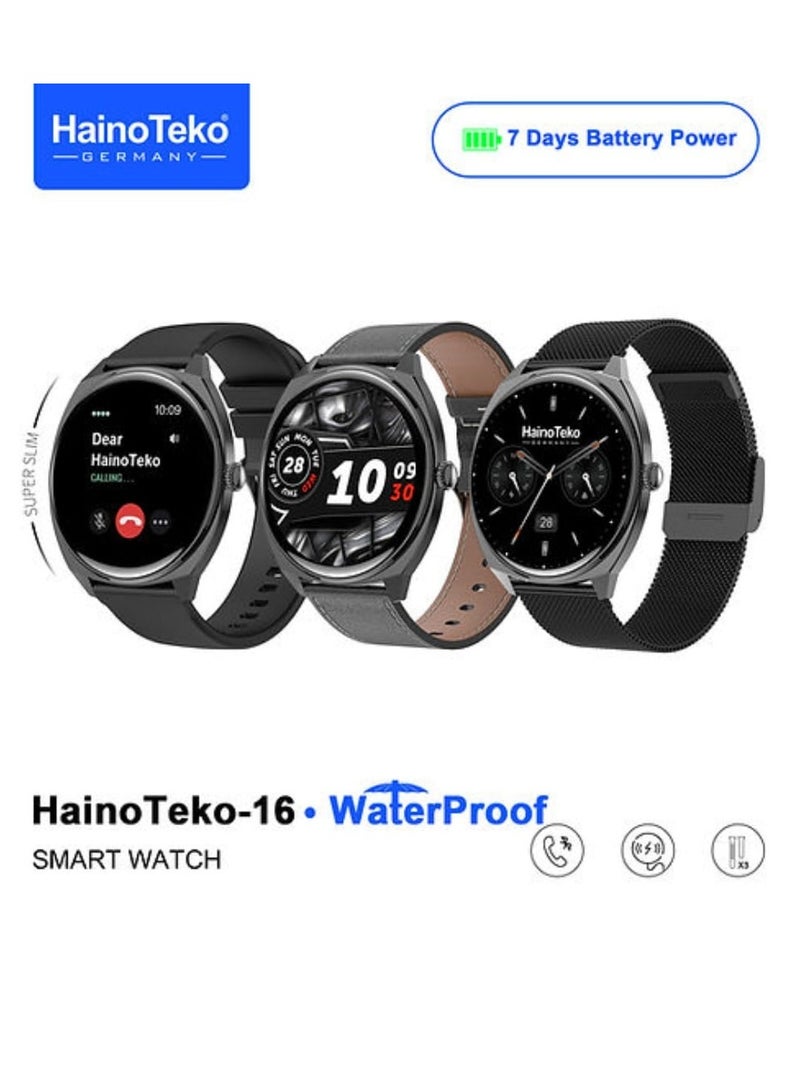 Haino Teko Haino-Teko16 Ultra-Slim Waterproof Smartwatch with Full AMOLED Display 3 Straps Wireless Charging and Up to 7 Days of Battery Life in Normal Use Black - Image 1