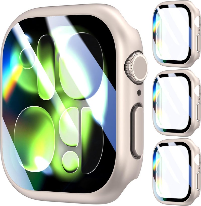3 قطع غطاء صلب PC 360° متوافق مع ساعة Apple Watch Series 6/5/4/SE 3/2/1 44 مم واقي شاشة زجاجي مقسى مضاد للخدش، حساس للمس، غطاء فائق النحافة، ستارلايت - Image 1