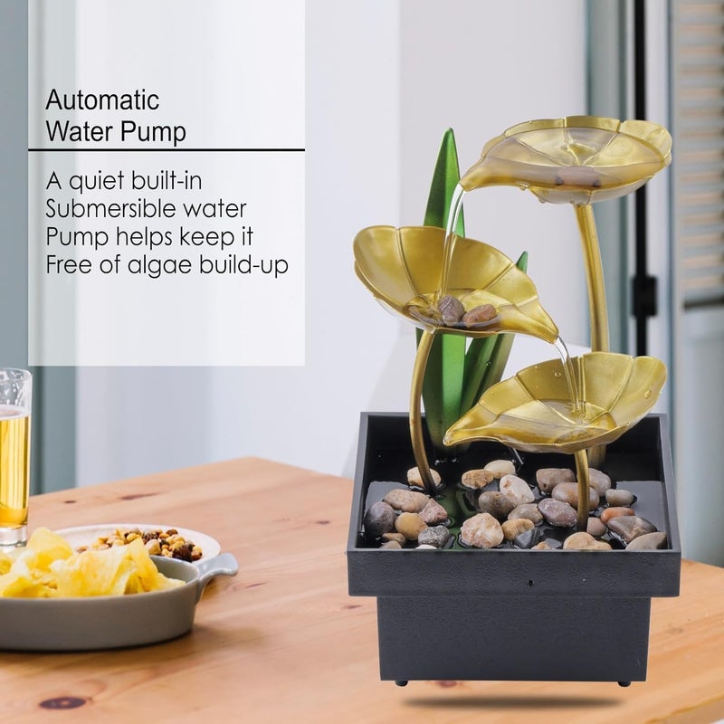 SARNESHWERAM 3Tier Metal Tabletop Water Fountain for Home Decor Living Room Indoor Waterfall Desktop Leaf Fountains for Office Table Relaxation Fountain with Natural Stones1pcs - Image 5