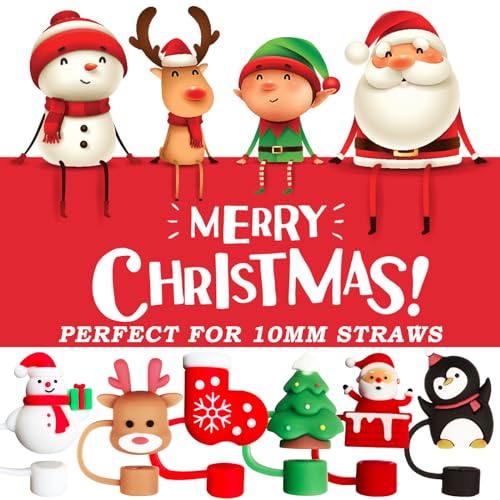 HLUWA 6PCS Christmas Straw Cover Cap for Stanley Cup, Silicone Straw Topper for Stanley 30&40 Oz Tumbler with Handle, 10mm Drinking Straw Tip Covers for Christmas Gifts. (Color 2) - Image 2