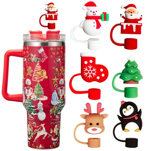 HLUWA 6PCS Christmas Straw Cover Cap for Stanley Cup, Silicone Straw Topper for Stanley 30&40 Oz Tumbler with Handle, 10mm Drinking Straw Tip Covers for Christmas Gifts. (Color 2) - Image 1