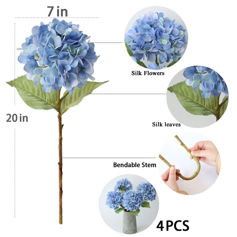 mizii 4Pcs Blue Artificial Hydrangea Flowers Large Fake Silk Hydrangea Flower with Leaves Stems Realistic Faux Hydrangeas Decorations for Wedding Table Centerpieces Vase Home Decor (Blue) - Image 2