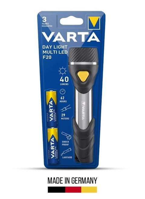 فلاش د flashlight Varta Day Light متعدد LED F20 مع عناصر مطاطية، تركيز دقيق، و LED عالي القوة لمغامرات الهواء الطلق
