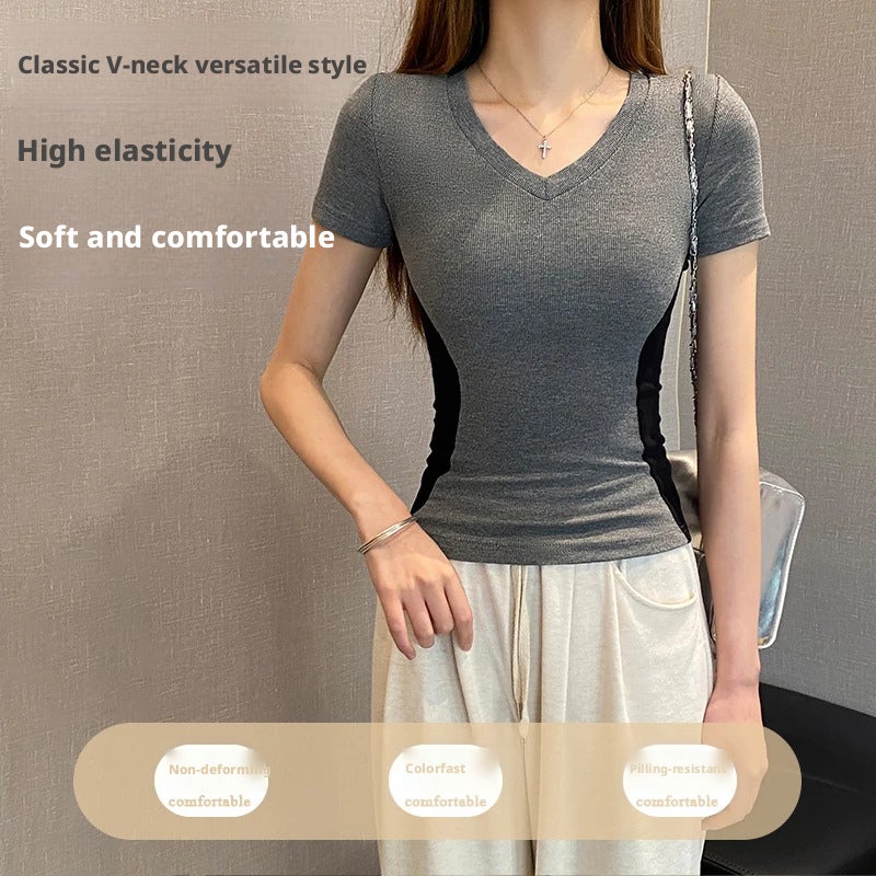 Women's Slim Fit V-Neck Color-Block Short Sleeve T-Shirt - Image 3