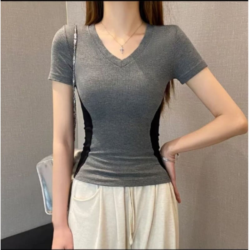 Women's Slim Fit V-Neck Color-Block Short Sleeve T-Shirt - Image 1