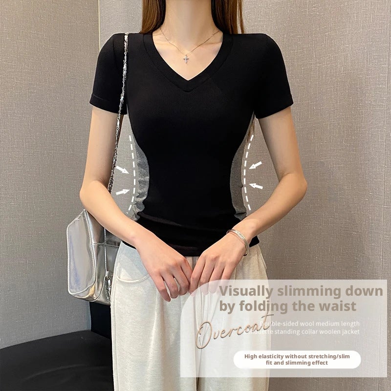 Women's Slim Fit V-Neck Color-Block Short Sleeve T-Shirt - Image 2