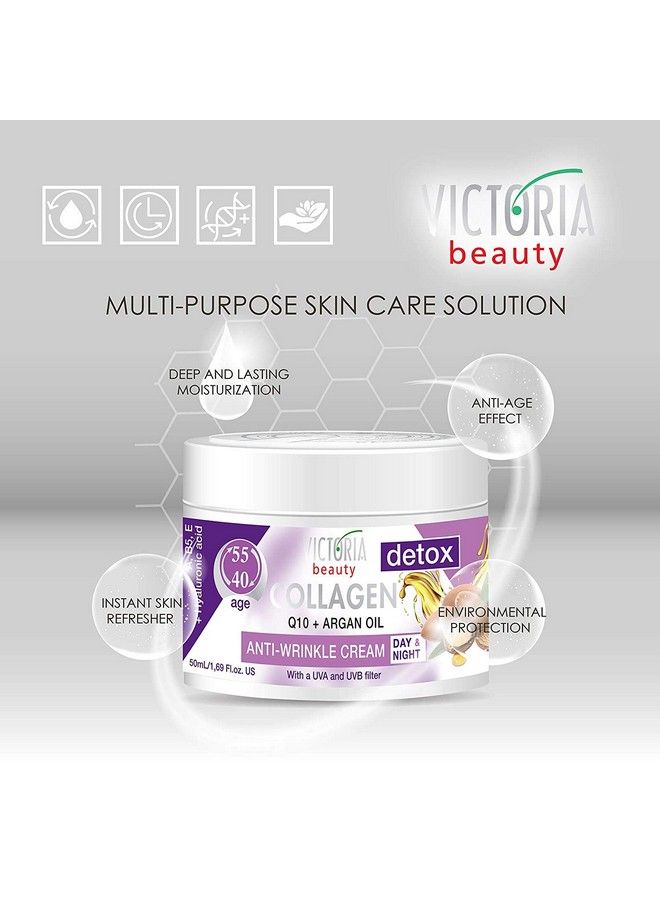 Victoria Beauty Skin Care Detox Day And Night Face Cream Antiaging Moisturiser With Collagen Hyaluronic Acid Q10 Argan Oil And A Uva/Uvb Filter For Ages 40 55 50 Ml  - Image 5
