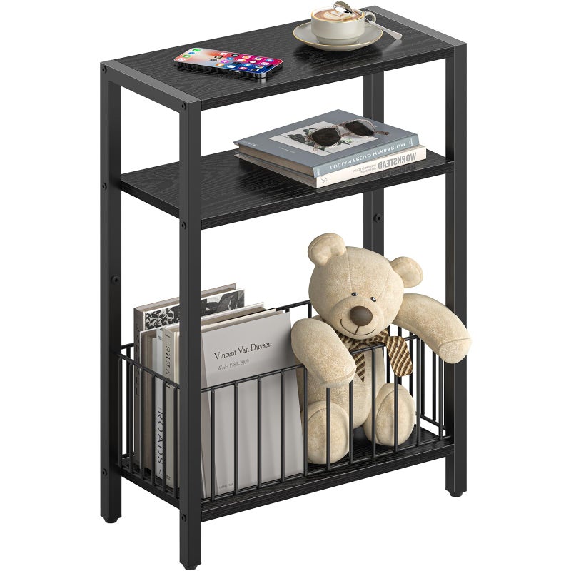 Yoobure Narrow Side Table with Storage Basket, Small End Table for Small Spaces, Skinny Side Tables Living Room Bedroom Office, Slim Nightstand 3 Tier Bedside Table Space-Saving for Magazine, Black - Image 1