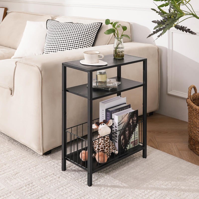 Yoobure Narrow Side Table with Storage Basket, Small End Table for Small Spaces, Skinny Side Tables Living Room Bedroom Office, Slim Nightstand 3 Tier Bedside Table Space-Saving for Magazine, Black - Image 2