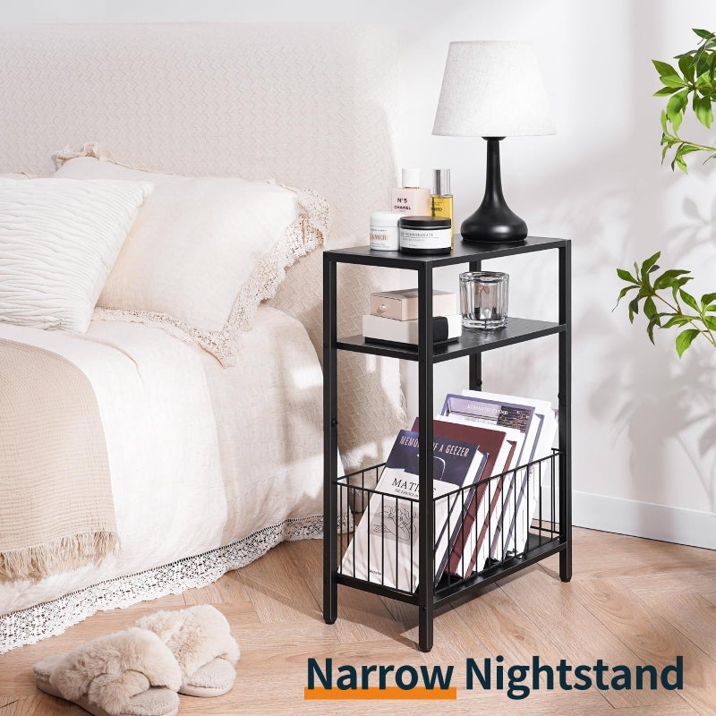 Yoobure Narrow Side Table with Storage Basket, Small End Table for Small Spaces, Skinny Side Tables Living Room Bedroom Office, Slim Nightstand 3 Tier Bedside Table Space-Saving for Magazine, Black - Image 4