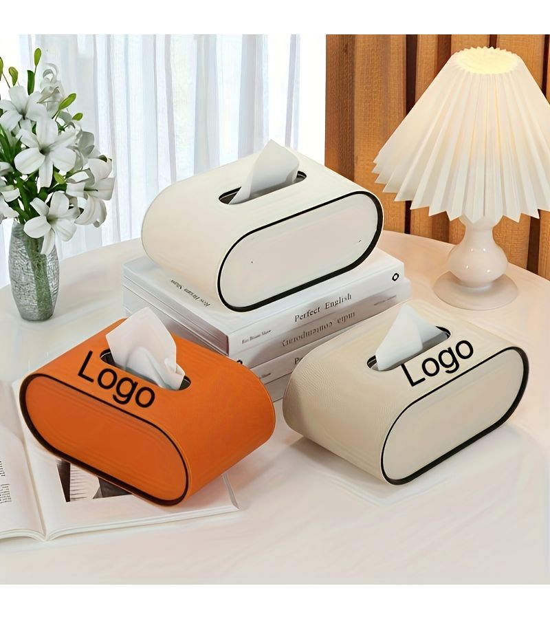 Oval Leather Tissue Box Milk Tea Color High-End Design For Living Room Dining Table - Image 1
