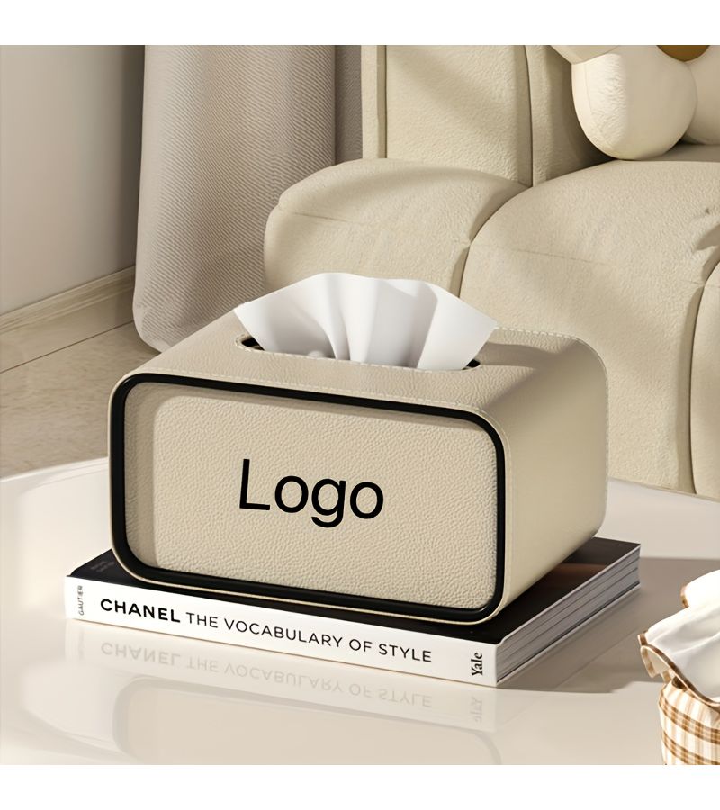 Oval Leather Tissue Box Milk Tea Color High-End Design For Living Room Dining Table - Image 3