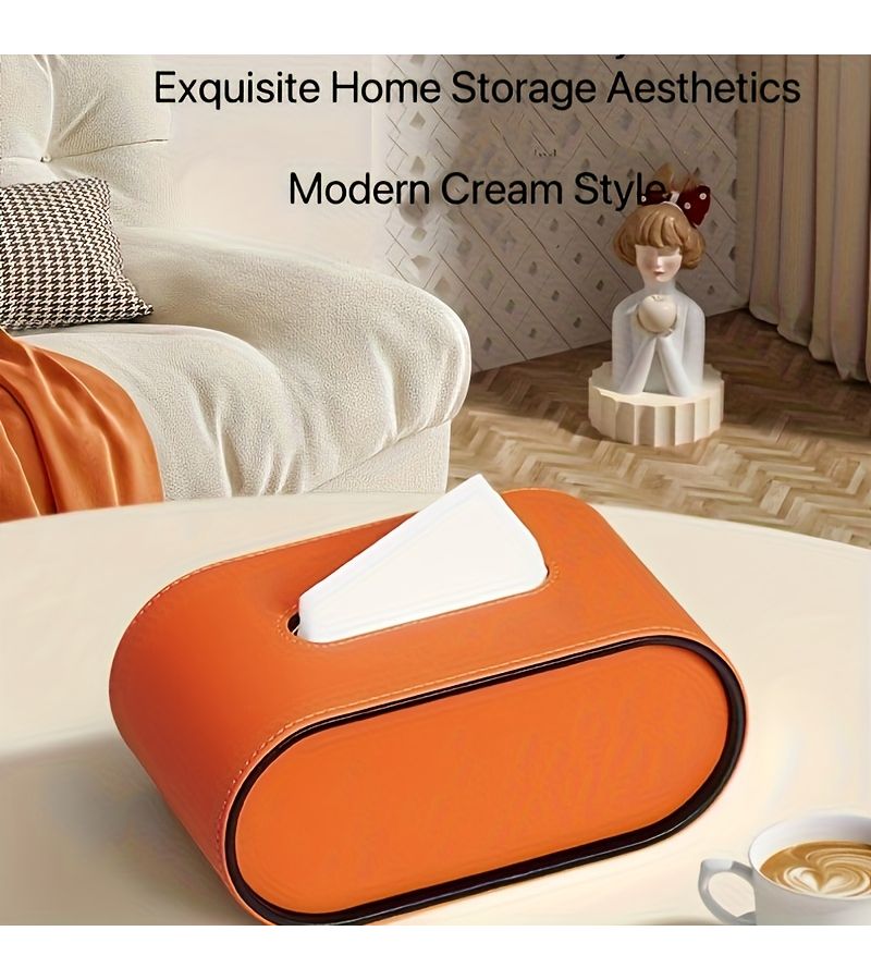 Oval Leather Tissue Box Milk Tea Color High-End Design For Living Room Dining Table - Image 4