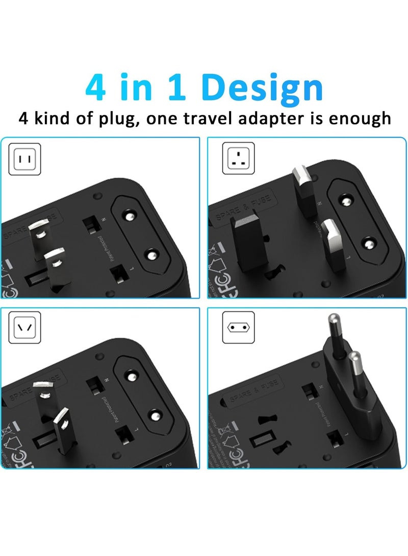 Necomi Universal Travel Adapter with Type-C Cable and Storage Bag, GaN International Plug Adapter with USB-C 70W PD Fast Charging & 2 USB-A Adaptor All-in-one Wall Charger for USA EU UK AUS (Black)  - Image 2