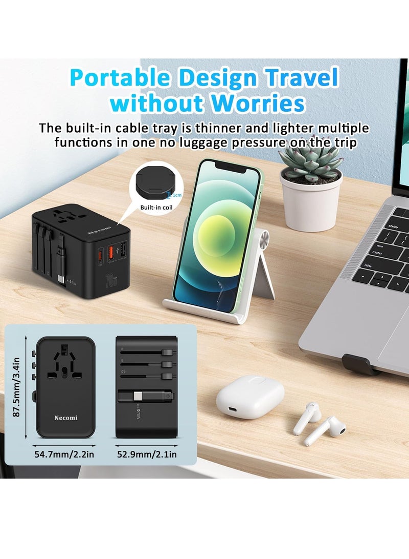 Necomi Universal Travel Adapter with Type-C Cable and Storage Bag, GaN International Plug Adapter with USB-C 70W PD Fast Charging & 2 USB-A Adaptor All-in-one Wall Charger for USA EU UK AUS (Black)  - Image 3