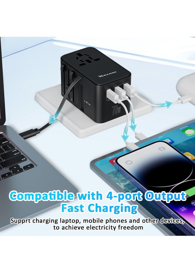 Necomi Universal Travel Adapter with Type-C Cable and Storage Bag, GaN International Plug Adapter with USB-C 70W PD Fast Charging & 2 USB-A Adaptor All-in-one Wall Charger for USA EU UK AUS (Black)  - Image 4