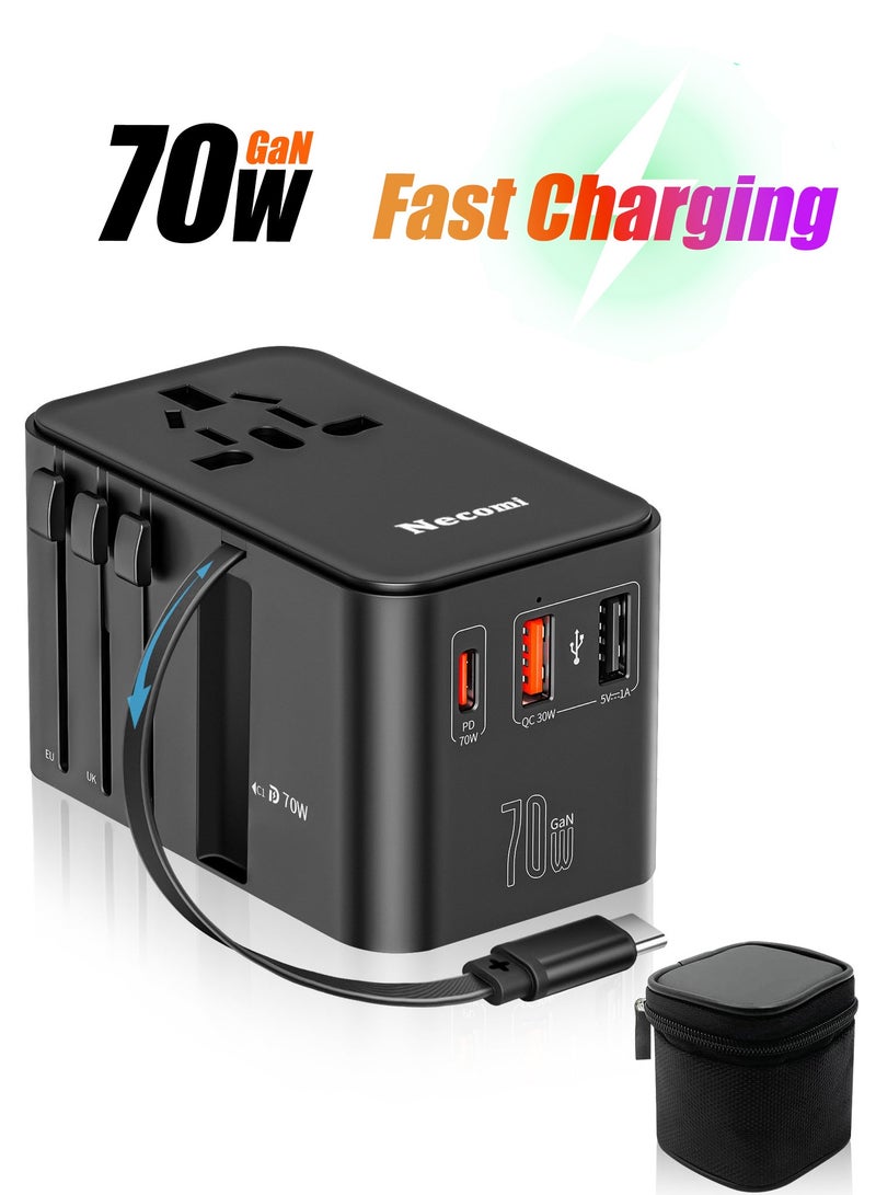 Necomi Universal Travel Adapter with Type-C Cable and Storage Bag, GaN International Plug Adapter with USB-C 70W PD Fast Charging & 2 USB-A Adaptor All-in-one Wall Charger for USA EU UK AUS (Black)  - Image 1