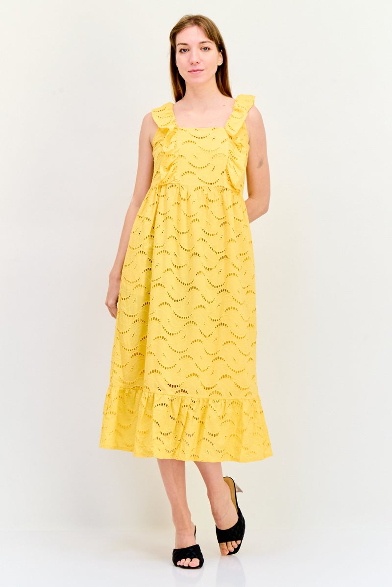SALSA Women Eyelet Midi Dress, Yellow - Image 1