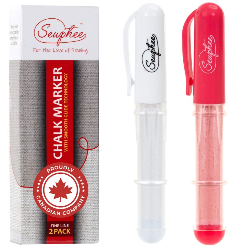 Sewphee Fabric Markers for Sewing  Ergonomic Tailors Chalk Pen with Improved Dosing Wheel for Sharp Lines  Washable Sewing Chalk Marking Pens that are Compatible with Most Fabrics  White and Pink 2 Pack 