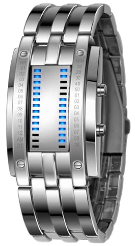 Gosasa Men's LED Digital Wrist Watch Futuristic Binary Display Stainless Steel Bracelet Waterproof Tech Style Watch for Casual & Fashion Wear(C Silver) - Image 1