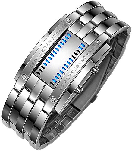 Gosasa Men's LED Digital Wrist Watch Futuristic Binary Display Stainless Steel Bracelet Waterproof Tech Style Watch for Casual & Fashion Wear(C Silver) - Image 2