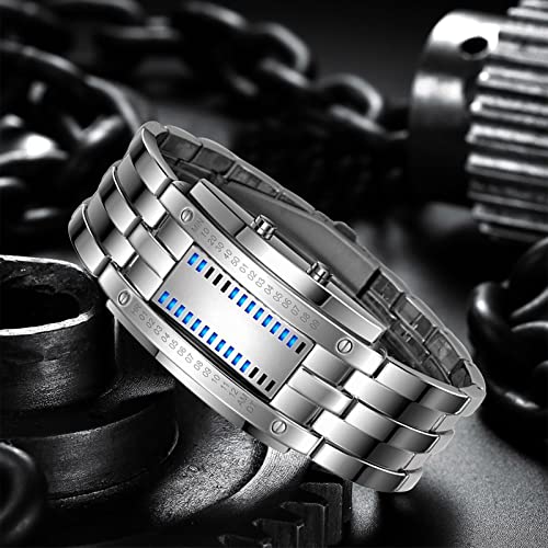 Gosasa Men's LED Digital Wrist Watch Futuristic Binary Display Stainless Steel Bracelet Waterproof Tech Style Watch for Casual & Fashion Wear(C Silver) - Image 3