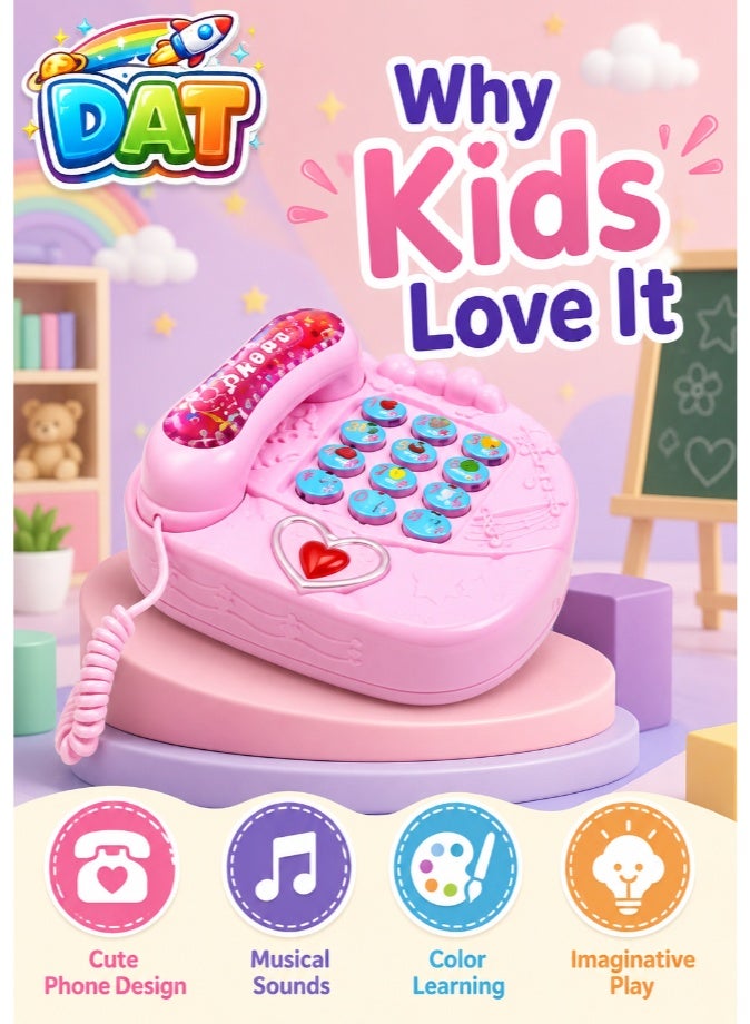 DAT Kids Musical Learning Activity Phone Toy with Light & Sound, Heart-Shaped Cartoon Button Telephone Playset for Girls, Pink - Image 4