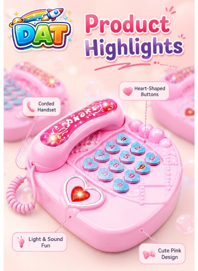 DAT Kids Musical Learning Activity Phone Toy with Light & Sound, Heart-Shaped Cartoon Button Telephone Playset for Girls, Pink - Image 5