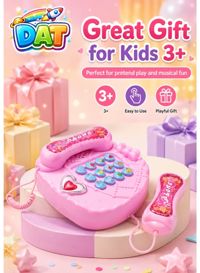 DAT Kids Musical Learning Activity Phone Toy with Light & Sound, Heart-Shaped Cartoon Button Telephone Playset for Girls, Pink - Image 2