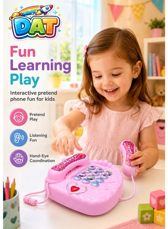 DAT Kids Musical Learning Activity Phone Toy with Light & Sound, Heart-Shaped Cartoon Button Telephone Playset for Girls, Pink - Image 3
