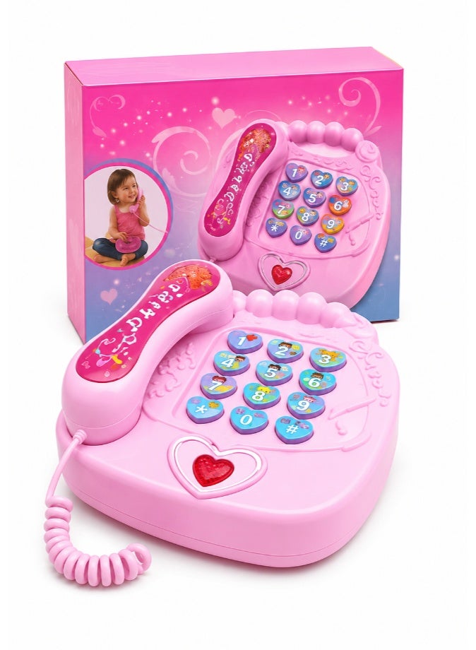 DAT Kids Musical Learning Activity Phone Toy with Light & Sound, Heart-Shaped Cartoon Button Telephone Playset for Girls, Pink - Image 1
