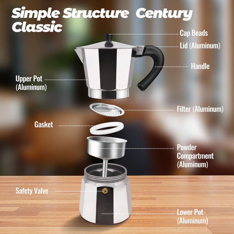 Vaolvpant 3 Cup Aluminum Moka Pot Classic Stovetop Espresso Coffee Maker 150ml 5oz Coffeemaker Percolator Mocha Pot Greca Coffee Maker Cafe Makers for Italian and Cuban CafÃ© Brewing Silver - Image 3
