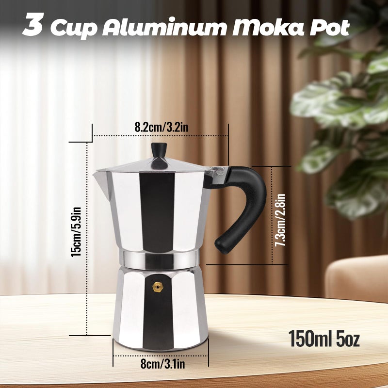 Vaolvpant 3 Cup Aluminum Moka Pot Classic Stovetop Espresso Coffee Maker 150ml 5oz Coffeemaker Percolator Mocha Pot Greca Coffee Maker Cafe Makers for Italian and Cuban CafÃ© Brewing Silver - Image 2