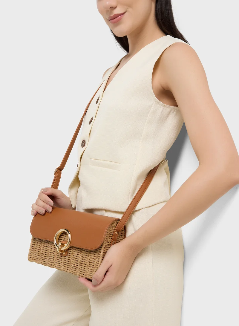 ELLA Raffia Metal Trim Crossbody Bag