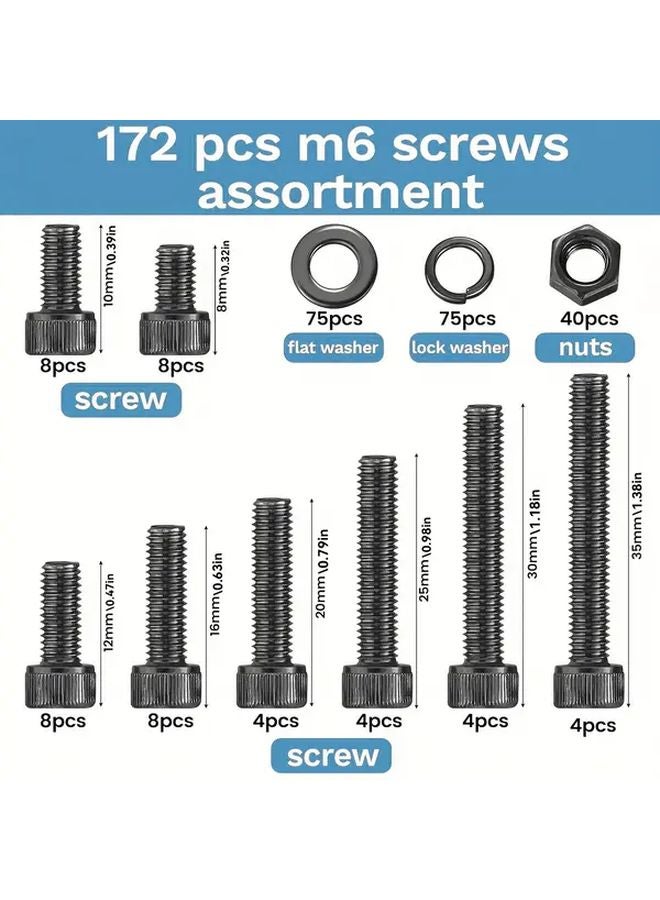 172pcs M6 Screw Assortment Set Black Zinc Plated 12 9 Alloy Steel Hex Head Bolts Nuts Washers - Image 3
