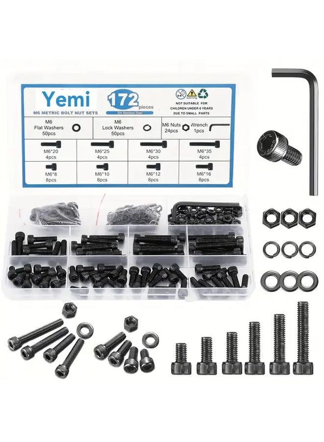 172pcs M6 Screw Assortment Set Black Zinc Plated 12 9 Alloy Steel Hex Head Bolts Nuts Washers - Image 5
