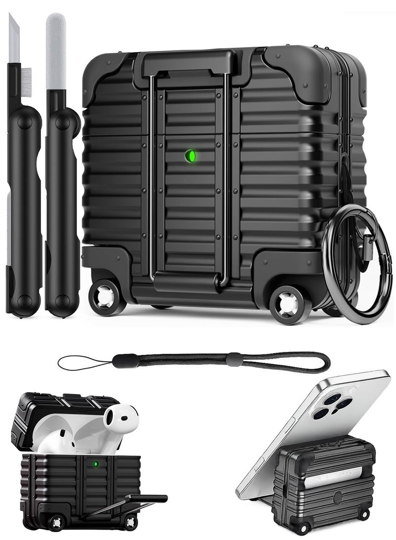 Suitcase Design AirPods 4 Case, with Safety Lock, Phone Stand, Hard PC Protective Cover with Cleaner Kit & Keychain for AirPods 4, Black - Image 1