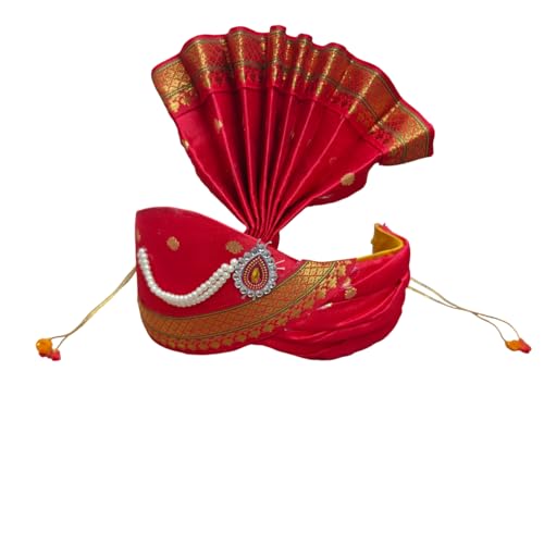 PUNYATVA Ganesh Feta Mukut (Turban, Butti, Red) / Adjustable Ganesh Pheta, Gauri Ganpati Festival Decoration Accessories, Ganpati Jewellery, Crown, Makhar, Traditional Pagdi, God Idol Headgear - Image 1