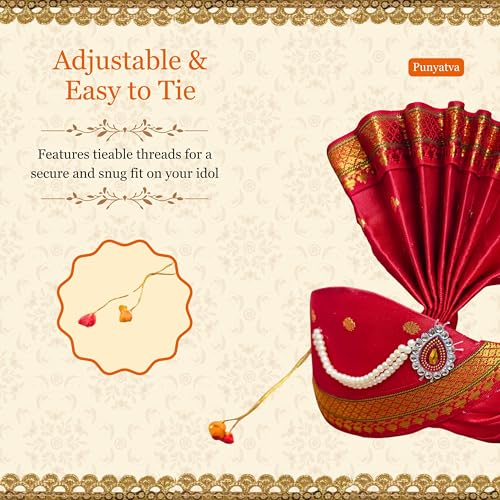 PUNYATVA Ganesh Feta Mukut (Turban, Butti, Red) / Adjustable Ganesh Pheta, Gauri Ganpati Festival Decoration Accessories, Ganpati Jewellery, Crown, Makhar, Traditional Pagdi, God Idol Headgear - Image 5