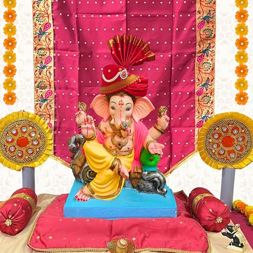 PUNYATVA Ganesh Feta Mukut (Turban, Butti, Red) / Adjustable Ganesh Pheta, Gauri Ganpati Festival Decoration Accessories, Ganpati Jewellery, Crown, Makhar, Traditional Pagdi, God Idol Headgear - Image 3