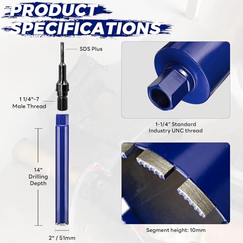 DaduoRi 2" Concrete Core Drill Bit with SDS Plus Adapter(1-1/4"-7 Thread) - 14" Cutting Depth & Upgraded Welded Teeth Core Bits for Concrete with Rebar, Brick, Masonry,Stucco,Mortar,Wet Coring - Image 2
